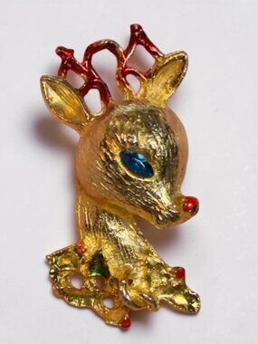 Vintage Reindeer Brooch Red Antlers Blue Eye Gold Tone Christmas